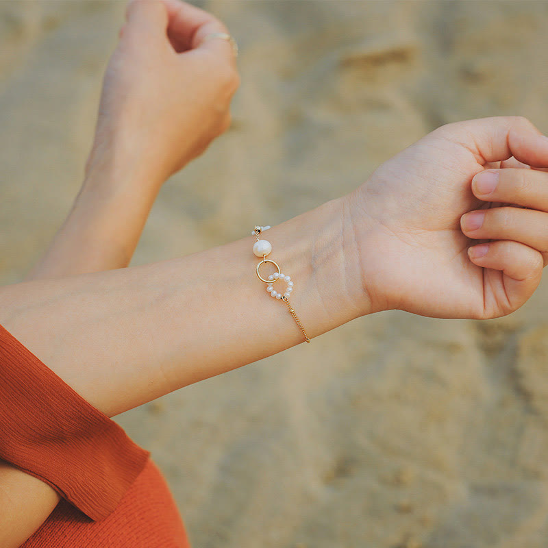 KarmaRipple's 14K Gold Plated Pearl Double Peace Buckle Balancing Chain Bracelet p1