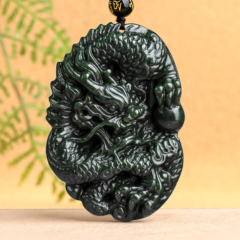 KarmaRipple's Hetian Cyan Jade Dragon Success Balance Pendant Beaded String Necklace p1