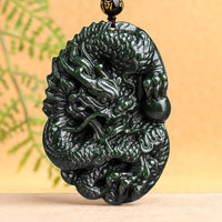 KarmaRipple's Hetian Cyan Jade Dragon Success Balance Pendant Beaded String Necklace