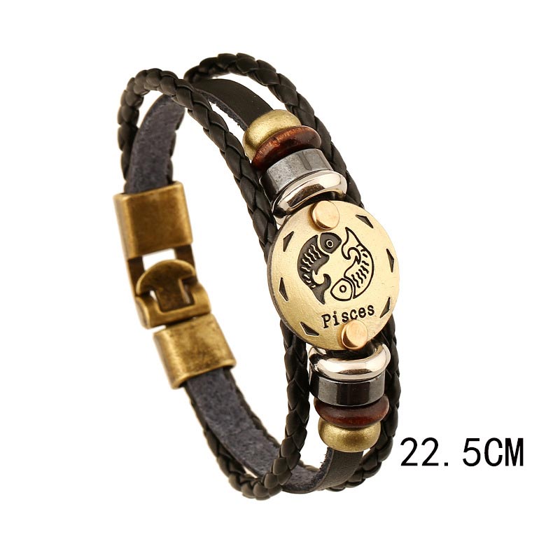 KarmaRipple's 12 Constellations of the Zodiac Hematite Leather Talisman Bracelet ( p12