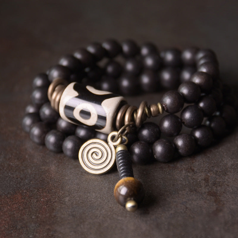 KarmaRipple's Ebony Wood Dzi Bead Bronze Protection Pair Bracelet p1
