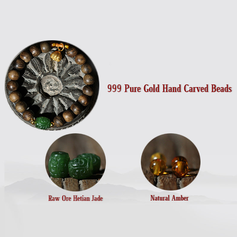 KarmaRipple's 999 Gold Brunei Agarwood Cyan Jade Lotus Flower Peace Strength Bracelet p22