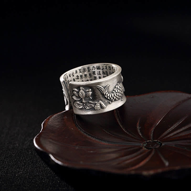 KarmaRipple's 999 Sterling Silver Fortune Koi Fish Lotus Heart Sutra Wealth Ring p20