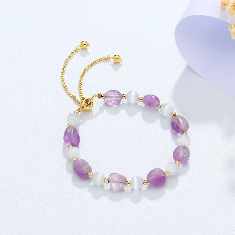 KarmaRipple's Amethyst Pink Gemstone Black Rutilated Quartz Spiritual Awareness Bracelet p1
