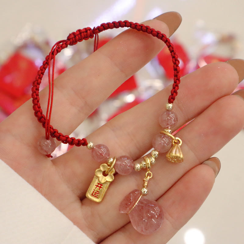 KarmaRipple's Authentic Strawberry Quartz Money Bag Lotus Balancing Talisman Red String Woven Bracelet p6
