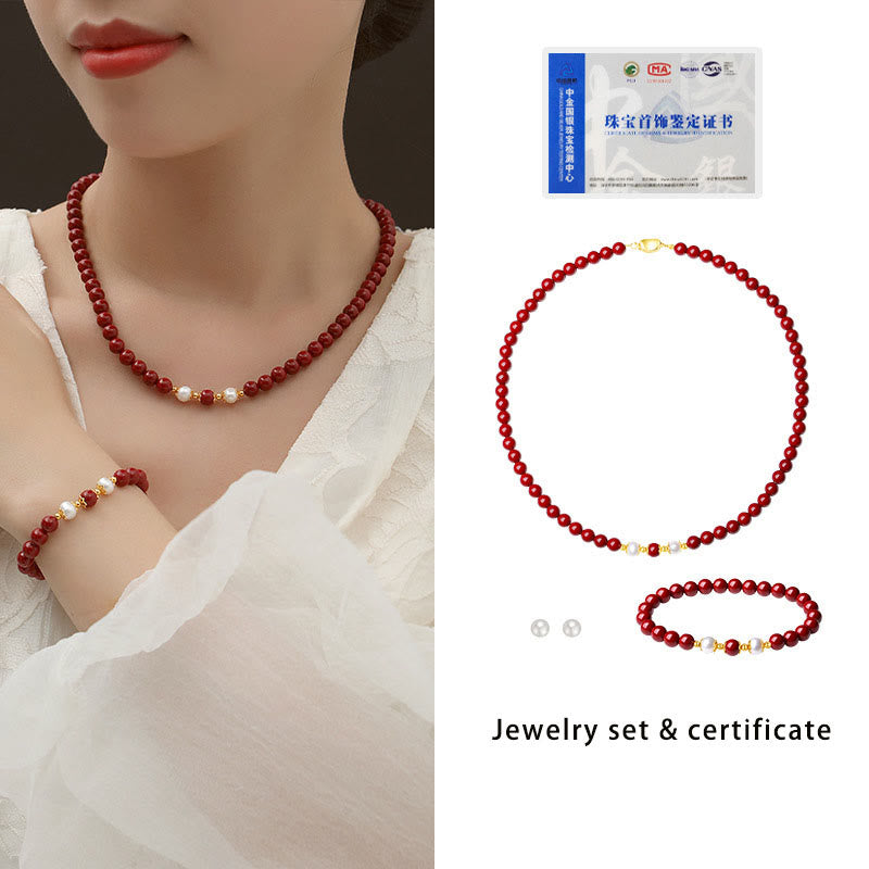 KarmaRipple's 925 Sterling Silver Authentic Cinnabar Pearl Blessing Pendant Necklace Bracelet Earrings Jewelry Set p8