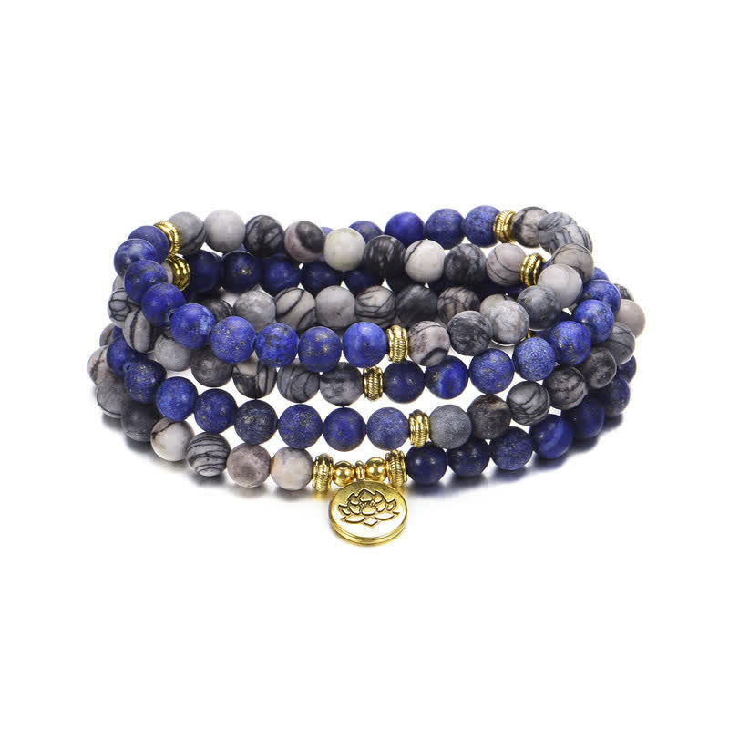 KarmaRipple's Lazurite Picasso Jasper Amazonite Rhodonite Apatite Positive Lotus Prayer Bead Bracelet p7