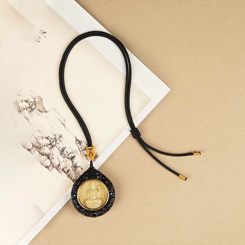 KarmaRipple's Chinese Zodiac Avalokitesvara Small Leaf Red Sandalwood Ebony Longevity Pendant Necklace p17