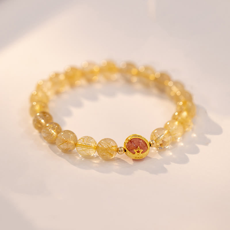 KarmaRipple's Golden Rutilated Quartz Strawberry Quartz Star Protection Bracelet p2