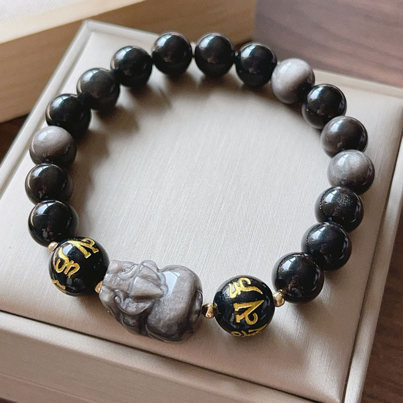 KarmaRipple's Authentic Silver Sheen Obsidian Black Obsidian Om Mani Padme Hum Pixiu Protection Bracelet p11