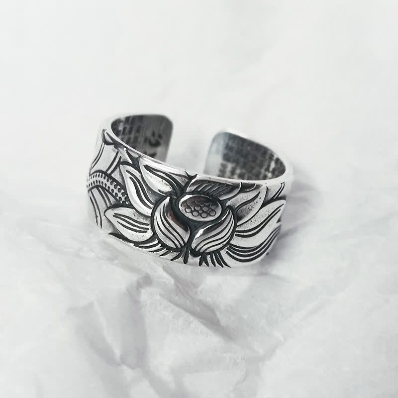 KarmaRipple's 999 Sterling Silver Lotus Symbol Heart Sutra Protection Ring p1