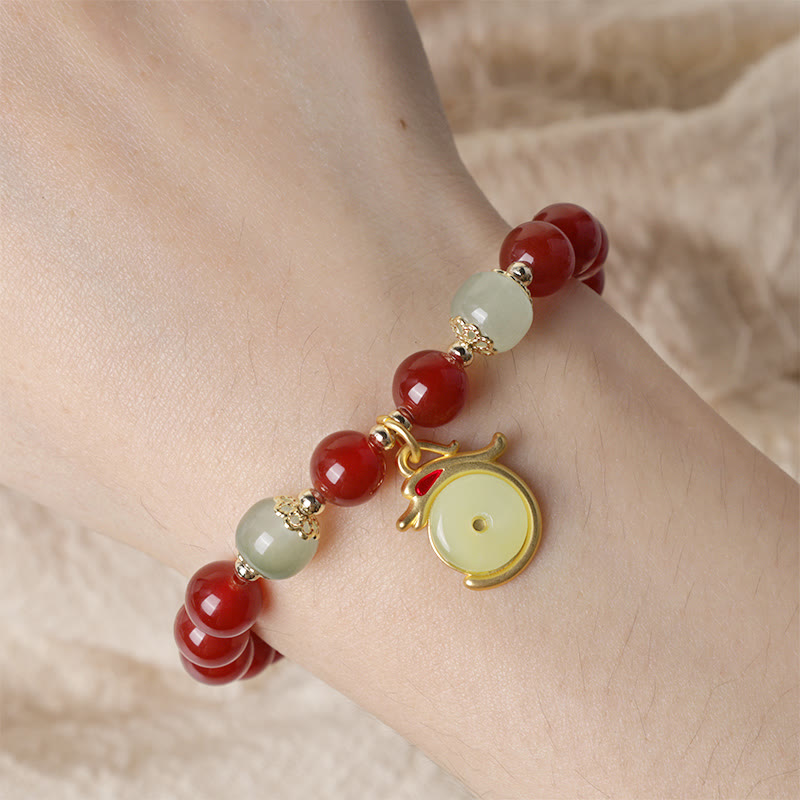 KarmaRipple's Year of the Dragon Red Agate Jade Peace Buckle Fu Character Success Bracelet ( p7