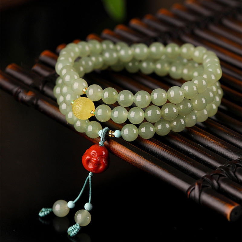 KarmaRipple's Jade Red Agate Amber Laughing Buddha Prosperity Bracelet p1