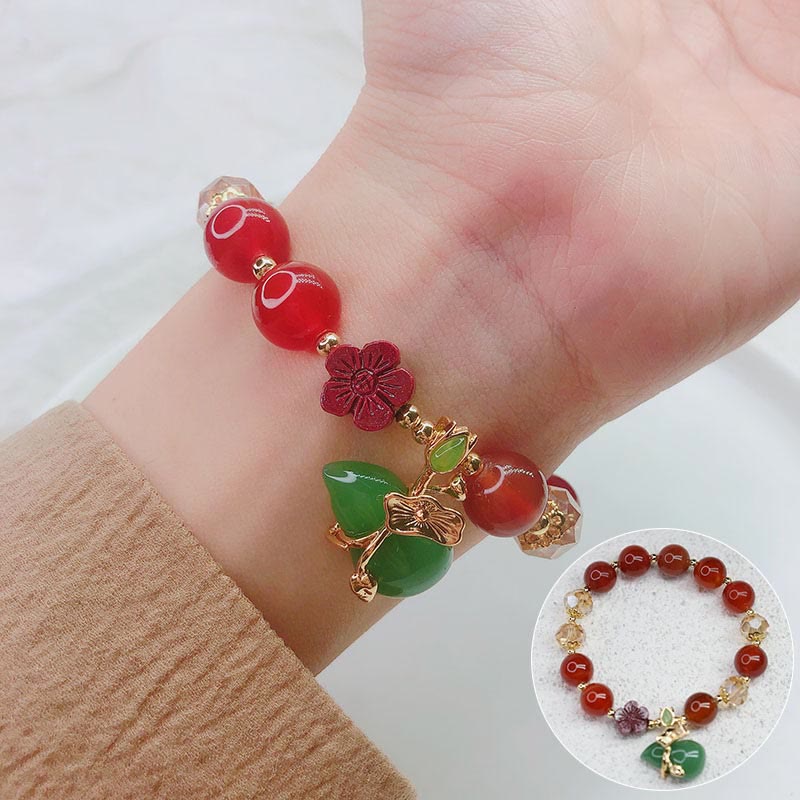 KarmaRipple's Authentic Red Agate Green Agate Gourd Cinnabar Flower Beadwork Confidence Bracelet p15