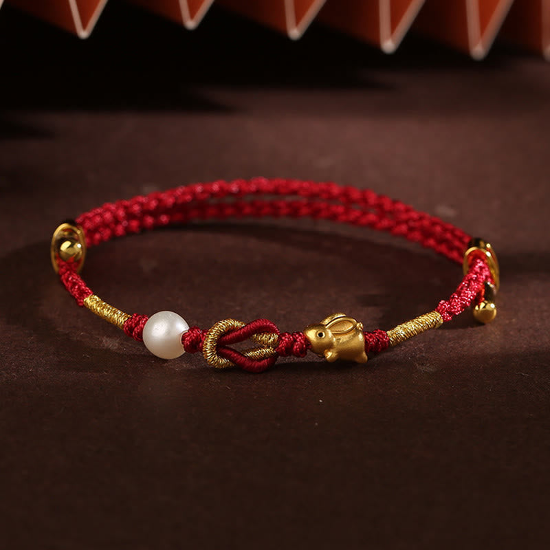 KarmaRipple's 24K Gold Wish Ruyi Handle Fu Character Rabbit Pearl Fortune Woven Bracelet p16