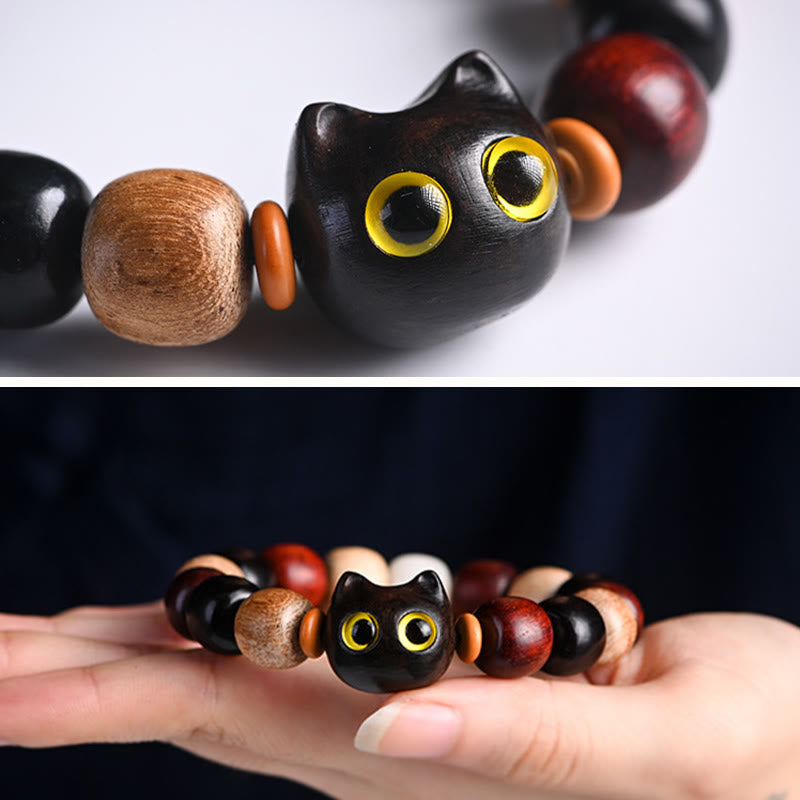 KarmaRipple's Small Leaf Red Sandalwood Ebony Wood Cute Cat Engraved Protection Bracelet p10