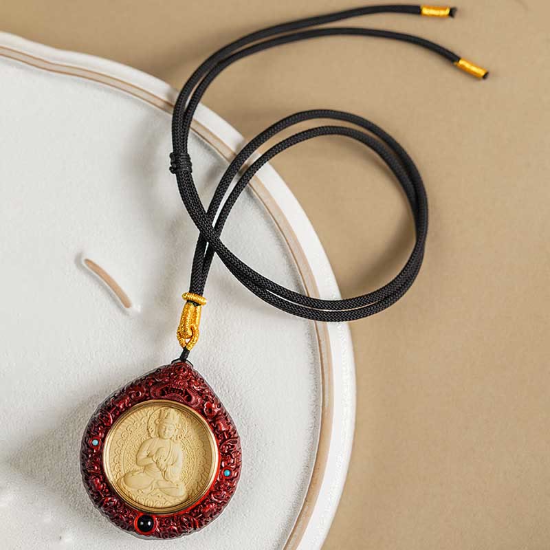 KarmaRipple's Chinese Zodiac Avalokitesvara Small Leaf Red Sandalwood Ebony Longevity Pendant Necklace p27