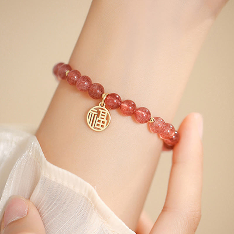 KarmaRipple's 14K Gold Plated Strawberry Quartz Fu Character Balancing Talisman Bracelet p15