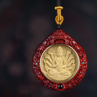 KarmaRipple's Chinese Zodiac Avalokitesvara Small Leaf Red Sandalwood Ebony Longevity Pendant Necklace