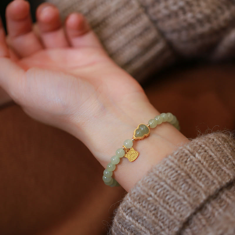KarmaRipple's 925 Sterling Silver Plated Gold Authentic Hetian Jade Bead Gourd Lotus Bamboo Fu Character Fortune Bracelet p24