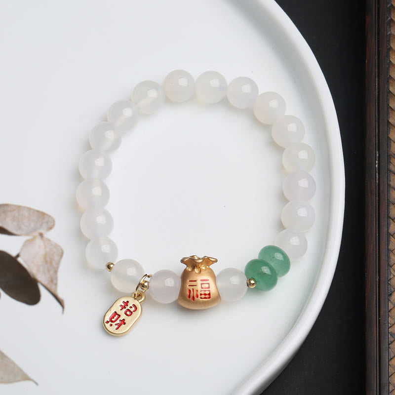 KarmaRipple's Authentic Ivory Agate Red Agate Money Bag Fu Character Four Leaf Clover Protection Bracelet p1