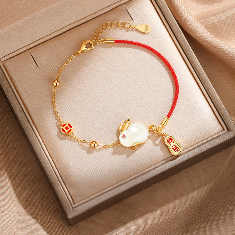 KarmaRipple's Year of the Rabbit Ivory Jade Happiness Red String Chain Bracelet p2