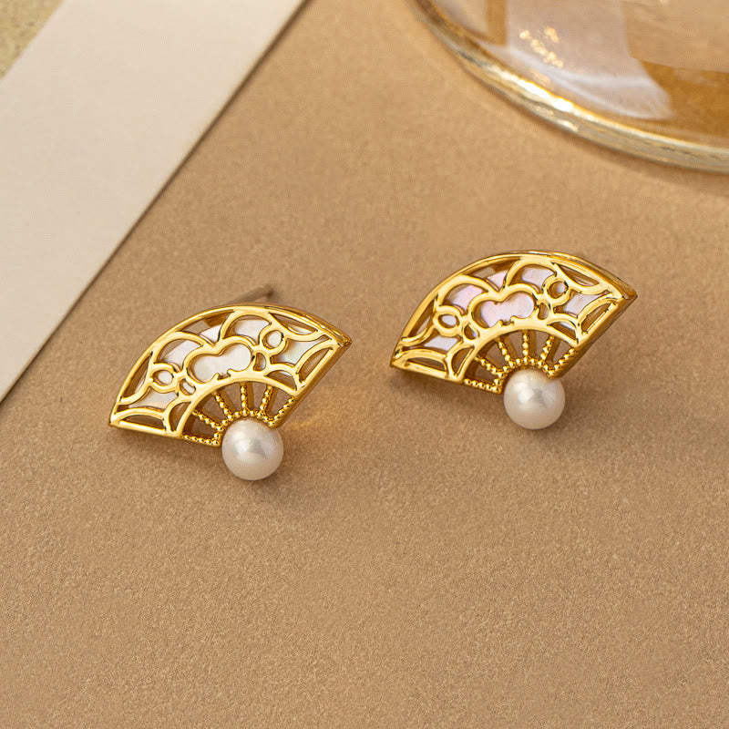 KarmaRipple's 925 Sterling Silver Posts Fan Pattern Pearl Bronze Wisdom Stud Drop Earrings p5