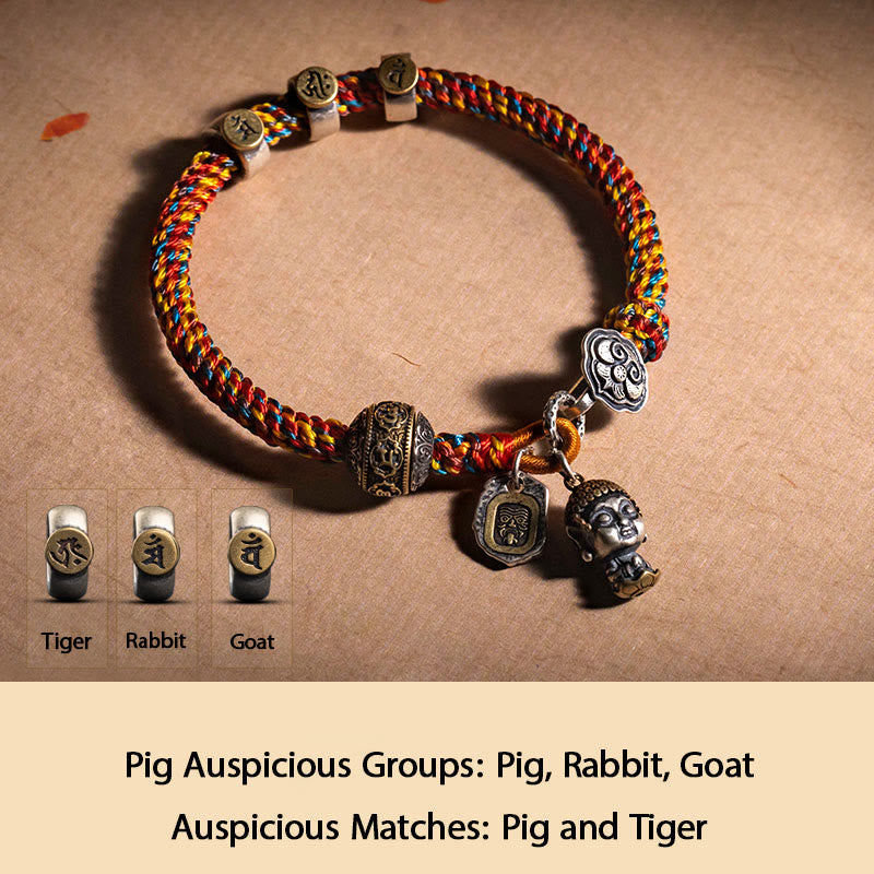 KarmaRipple's Handmade Tibetan 925 Sterling Silver Chinese Zodiac Natal Buddha Zakiram Goddess of Wealth Protection Multicolored Rope Woven Bracelet p69