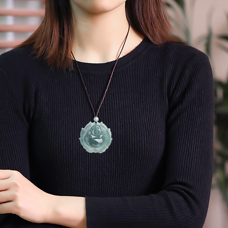 KarmaRipple's Authentic Jade Laughing Buddha Lotus Pattern Fortune Pendant Necklace p7