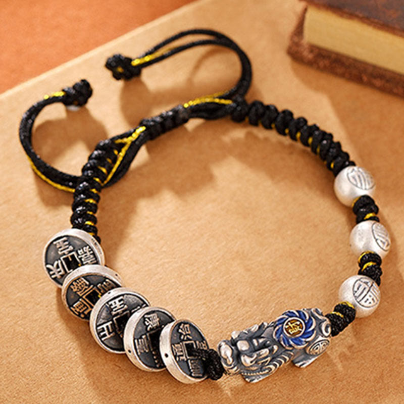 KarmaRipple's 999 Sterling Silver FengShui PiXiu Bronze Coin Fu Character Wealth Woven Bracelet p8