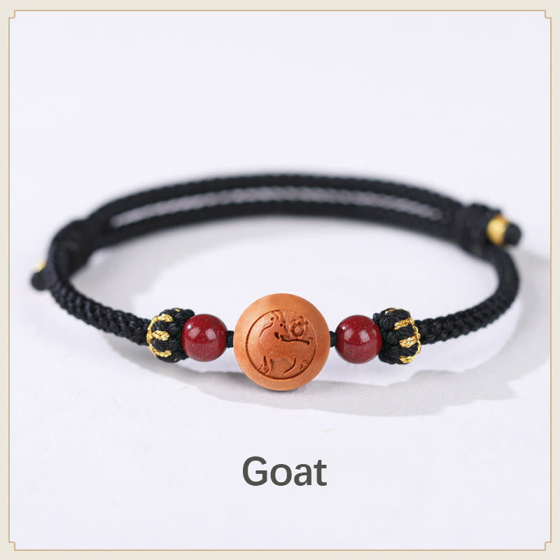 KarmaRipple's Authentic Peach Wood Chinese Zodiac Fu Character Carved Cinnabar Wealth Bracelet p16