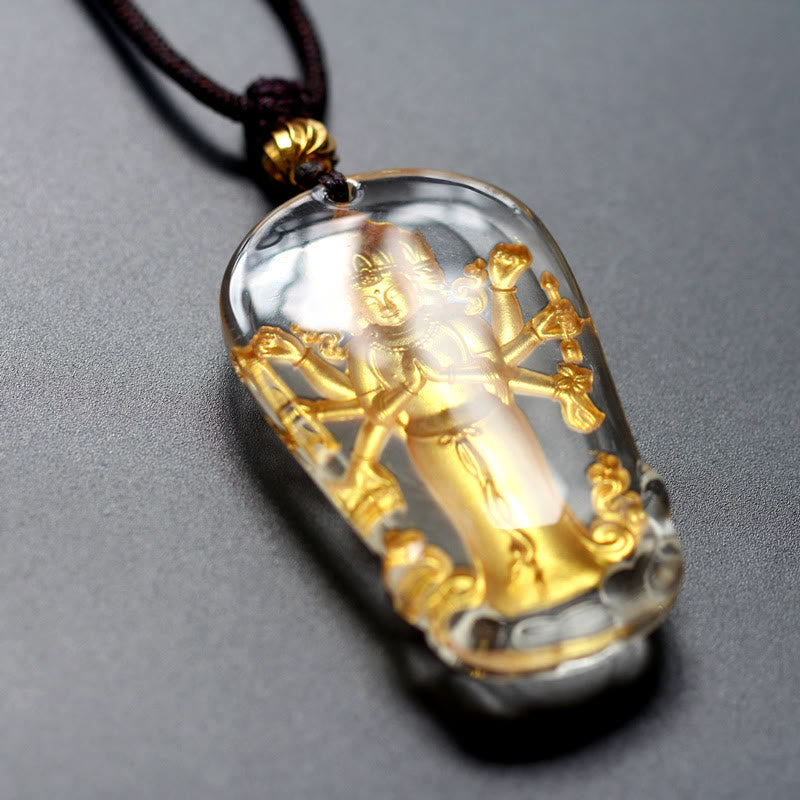 KarmaRipple's Tibetan Eight-armed Avalokitesvara Guanyin Buddha Gold Plated Liuli Gemstone Wealth Pendant Necklace p3
