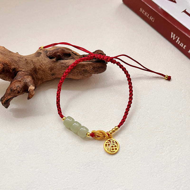 KarmaRipple's Handcrafted Jade Bead Fu Character Talisman Fortune Red Rope Bracelet p1