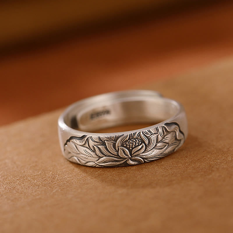 KarmaRipple's 999 Sterling Silver Lotus Flower Plum Blossom Auspicious Clouds Engraved Enlightenment Ring p4