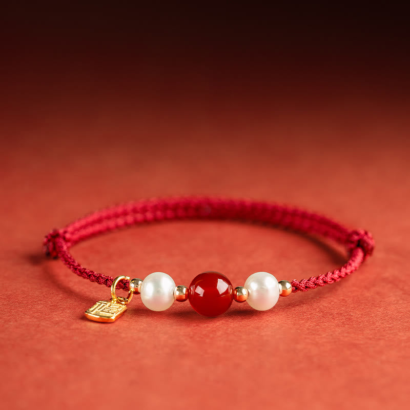 KarmaRipple's 925 Sterling Silver Good Fortune Fu Character Agate Pearl Red String Braid Bracelet p9