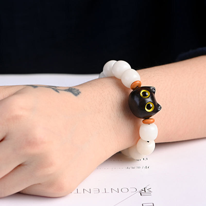 KarmaRipple's Authentic Bodhi Seed Small Leaf Red Sandalwood Ebony Wood Cute Fortunate Cat Wisdom Bracelet p13