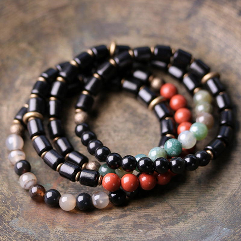KarmaRipple's Ebony Wood Red Jasper Moss Agate Gemstone Bronze Peace Pair Bracelet p5