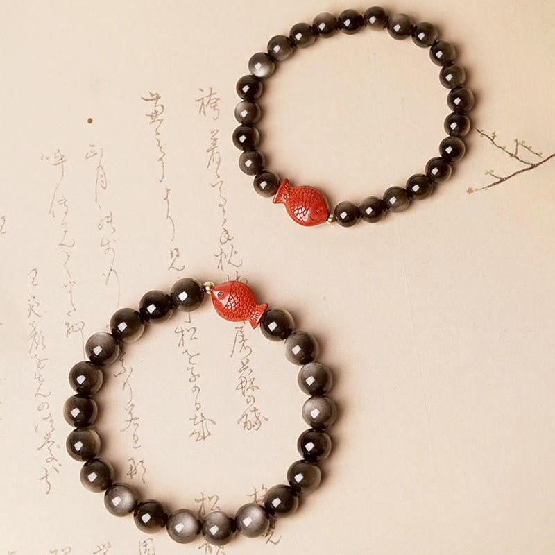 KarmaRipple's Authentic Silver Sheen Obsidian Cinnabar Koi Fish Soothing Protection Bracelet p6