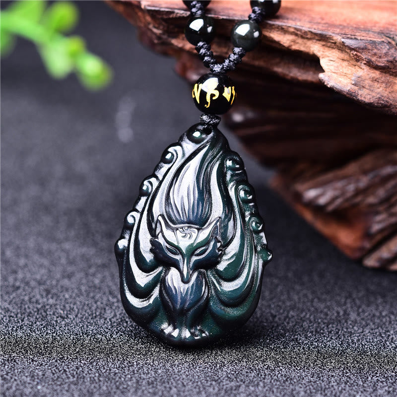 KarmaRipple's Authentic Rainbow Obsidian Nine Tailed Fox Inner Peace Pendant Beaded String Necklace p1
