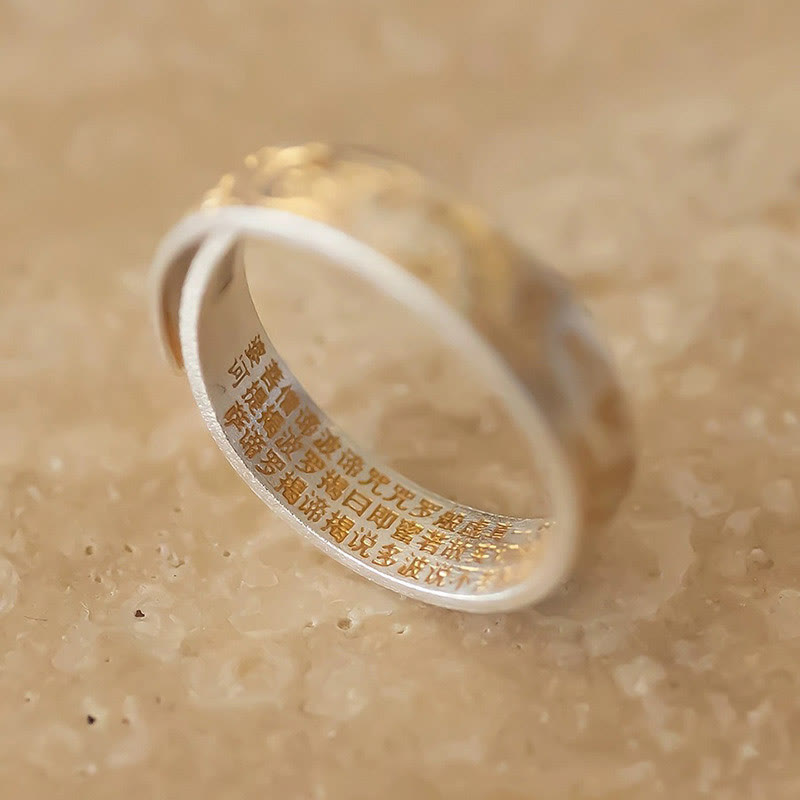 KarmaRipple's KarmaRipple 999 Sterling Silver Gold-Painted Joyful Flower Pattern Peaceful Heart Sutra Ring p5