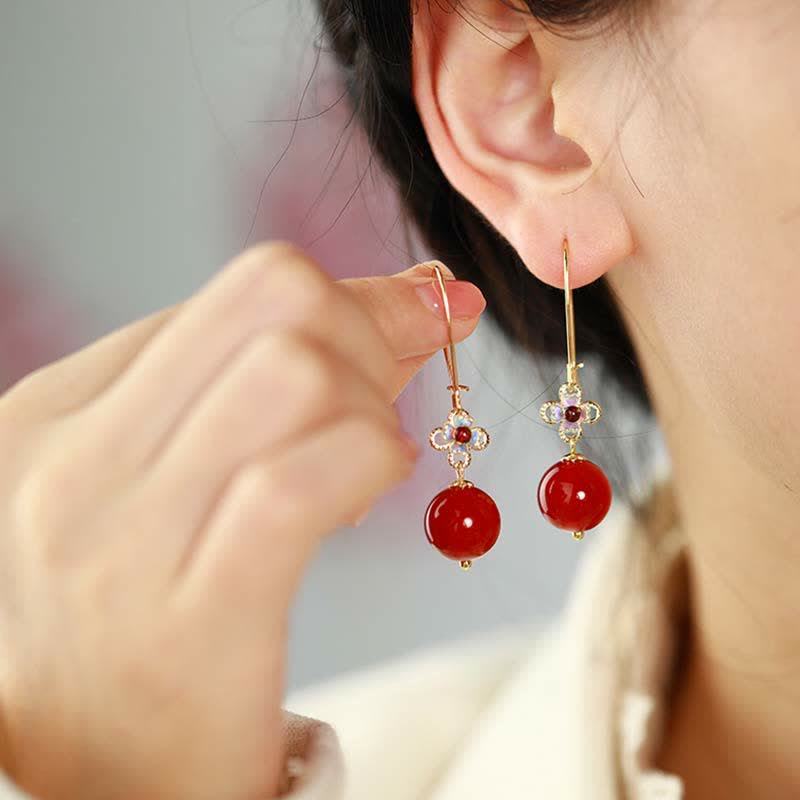 KarmaRipple's 925 Sterling Silver Red Agate Flower Beaded Confidence Earrings p7