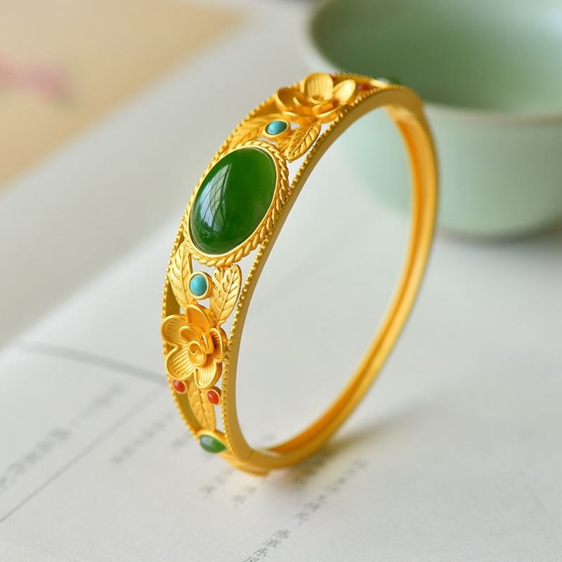 KarmaRipple's Cyan Jade Ivory Jade Flower Leaf Balance Fortune Bracelet Bangle p7