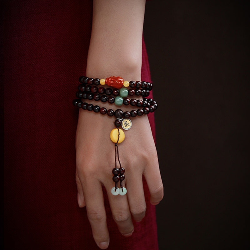 KarmaRipple's Chinese Zodiac Natal Buddha 108 Mala Beadwork Small Leaf Red Sandalwood Red Agate PiXiu Protection Bracelet p14