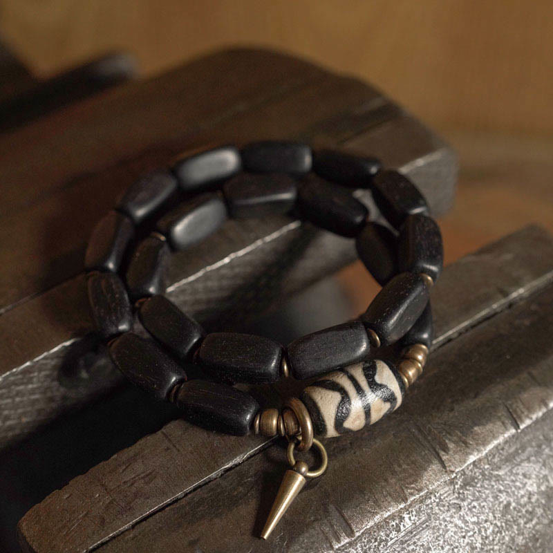 KarmaRipple's Tibet Ebony Wood Dzi Bead Bronze Balance Double Wrap Bracelet p9