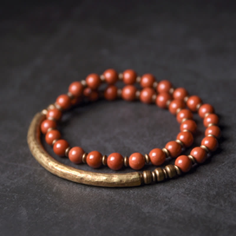 KarmaRipple's Red Jasper Moss Agate Black Obsidian Gemstone Bronze Peace Pair Bracelet p12