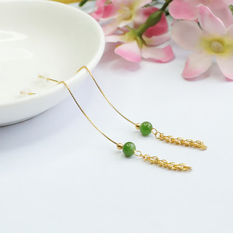 KarmaRipple's 925 Sterling Silver Authentic Hetian Cyan Jade Bead Fortune Phoenix Tail Drop Earrings p1