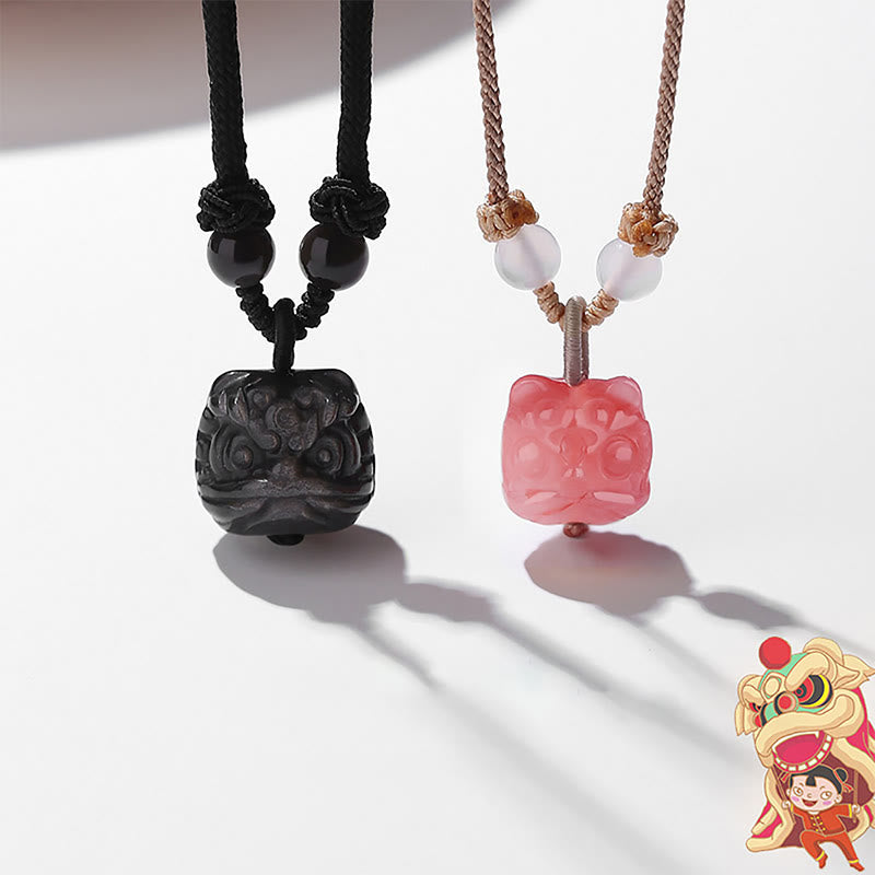 KarmaRipple's Authentic Silver Sheen Obsidian Red Agate Dancing Lion Protection Pendant Necklace p8