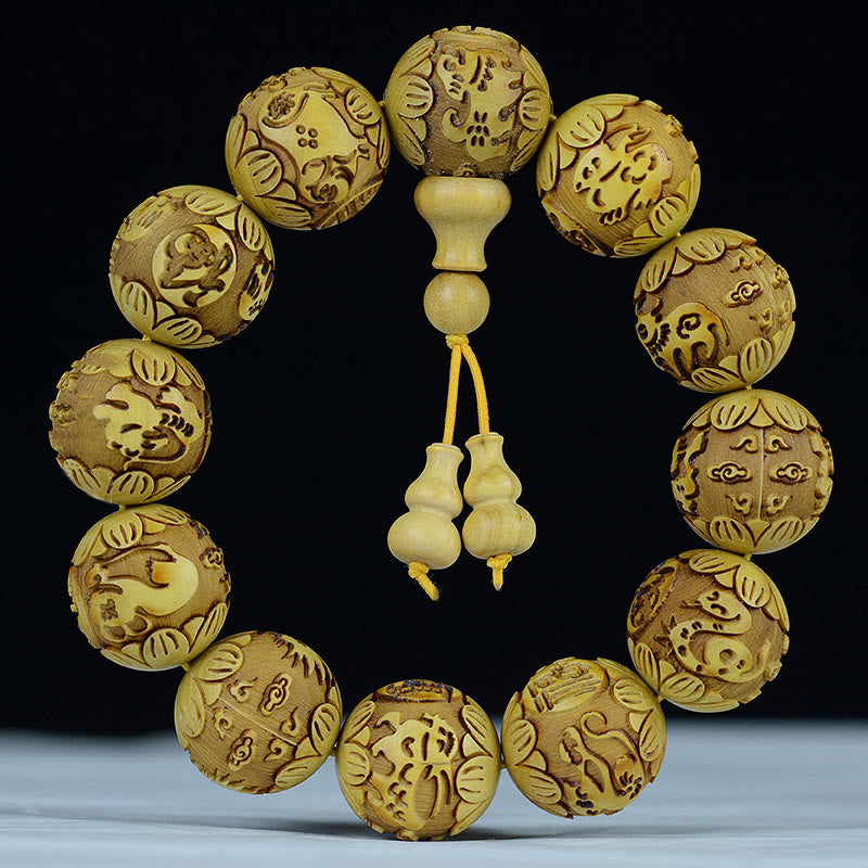 KarmaRipple's Chinese Zodiac Rosewood Ebony Boxwood Bronze Coin PiXiu Carved Warmth Bracelet p9