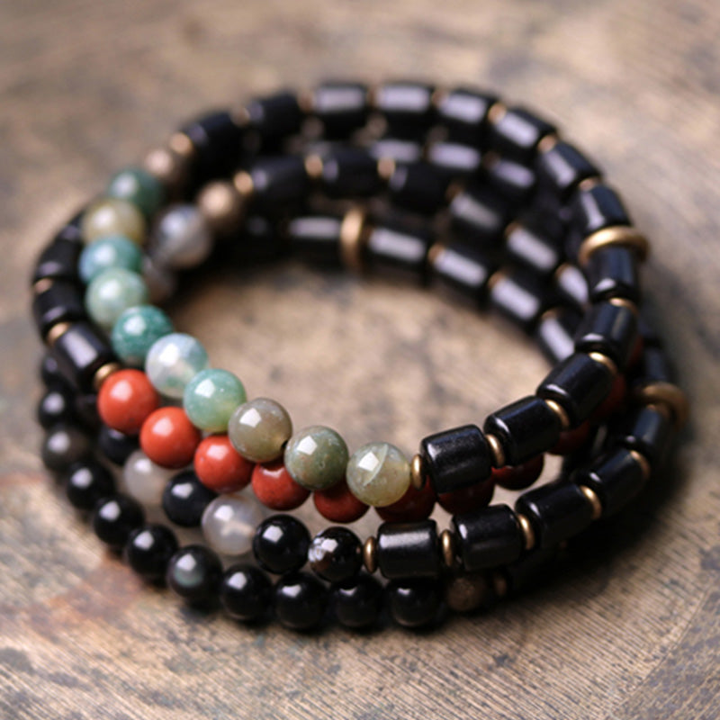 KarmaRipple's Ebony Wood Red Jasper Moss Agate Gemstone Bronze Peace Pair Bracelet p6