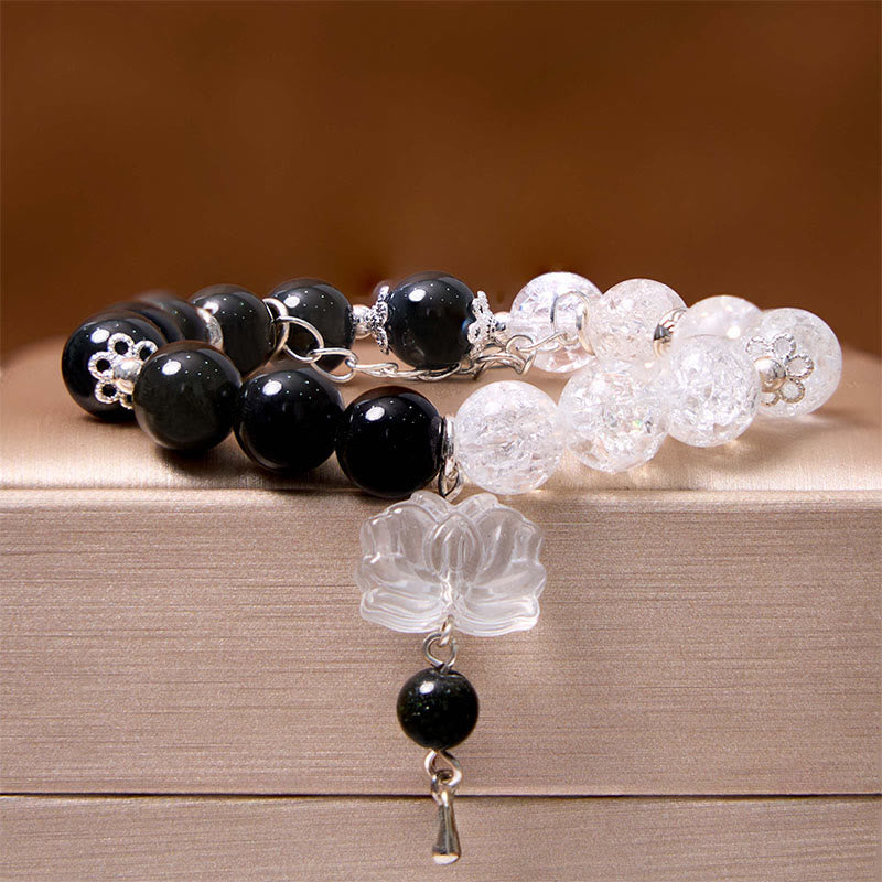 KarmaRipple's Silver Sheen Obsidian Crackle Clear Quartz Black Rutilated Quartz Yin Yang Lotus Protection Bracelet p6
